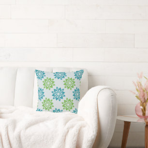 Modern Blue & Green Floral Pattern Throw Pillow