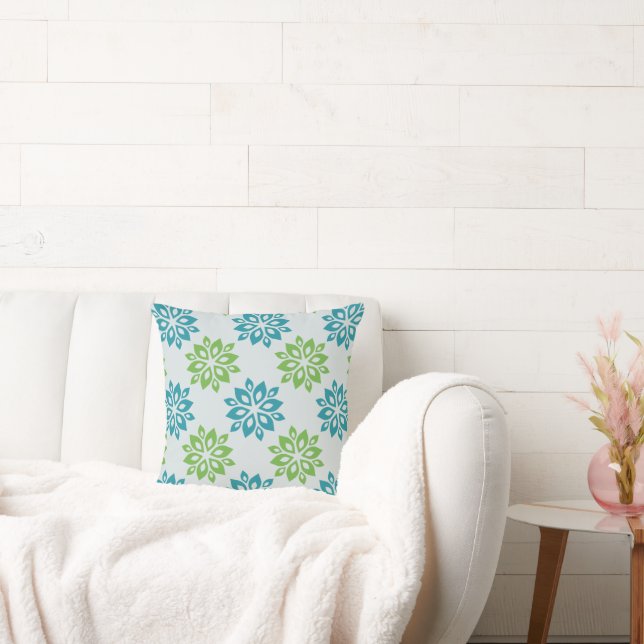 Modern Blue & Green Floral Pattern Throw Pillow (Couch)