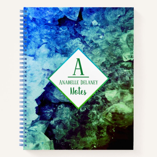 Modern Blue Green Geode Crystals Personalised Notebook (Front)