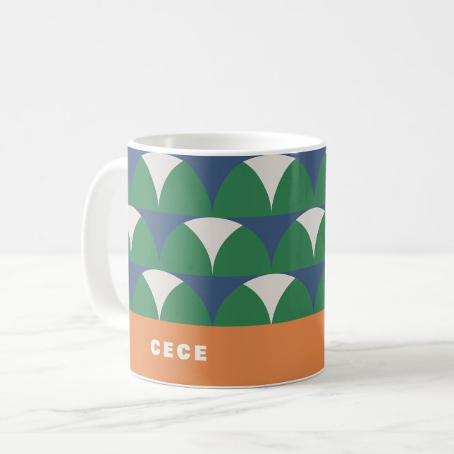 Modern blue green geometric retro personalised coffee mug (Front Left)