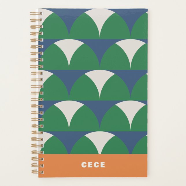 Modern blue green geometric retro personalised planner (Front)