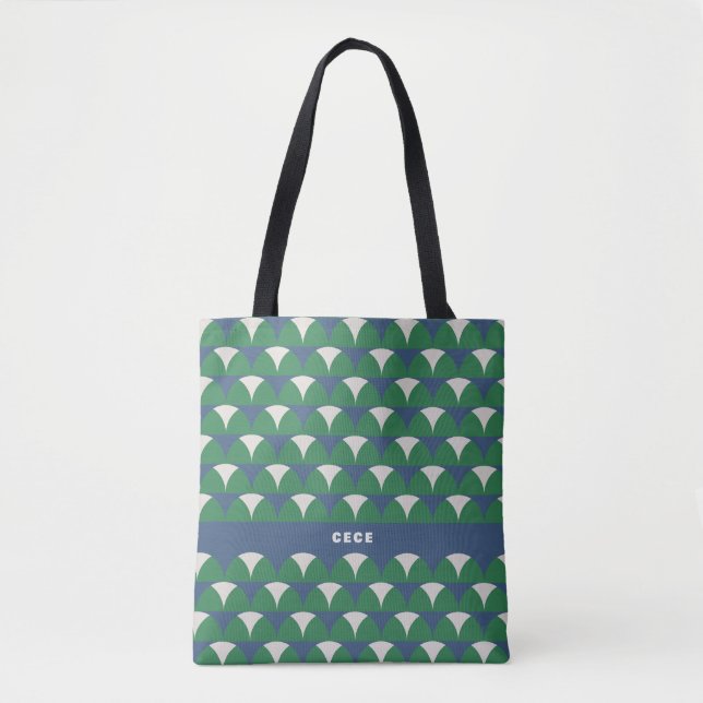 Modern blue green geometric retro personalised tote bag (Front)