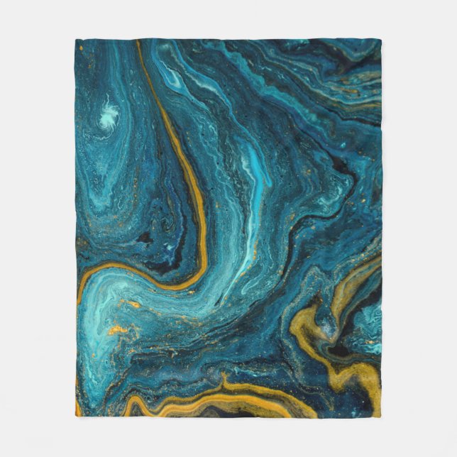 Modern Blue Green Gold Dust Abstract Art Marble Fleece Blanket (Front)