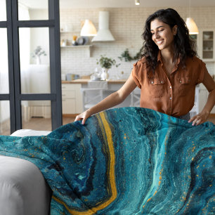 Modern Blue Green Gold Dust Abstract Art Marble Fleece Blanket