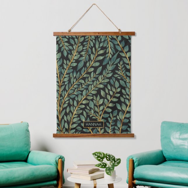 Modern Blue Green Gold Tropical Leaves Greenery Hanging Tapestry (Living Room)