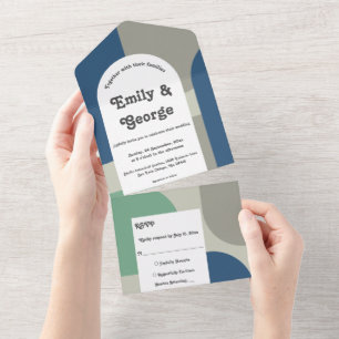 Modern Blue Green Grey Retro Abstract Art Wedding All In One Invitation