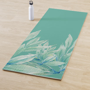 Modern Blue Green Ocean Abstract Plants Watercolor Yoga Mat