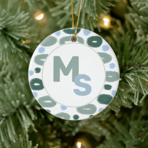 Modern Blue Green Pattern Name Aftername Monogram Ceramic Tree Decoration