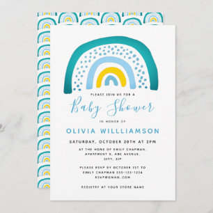 Modern Blue Green Rainbow Baby Shower Baby Boy Inv Invitation