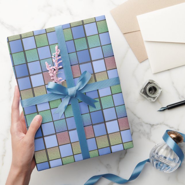 Modern Blue Green Square Pattern Tiles  Wrapping Paper (Gifting)