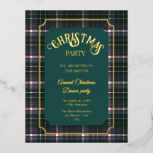 Modern Blue Green Tartan foil Christmas invitation