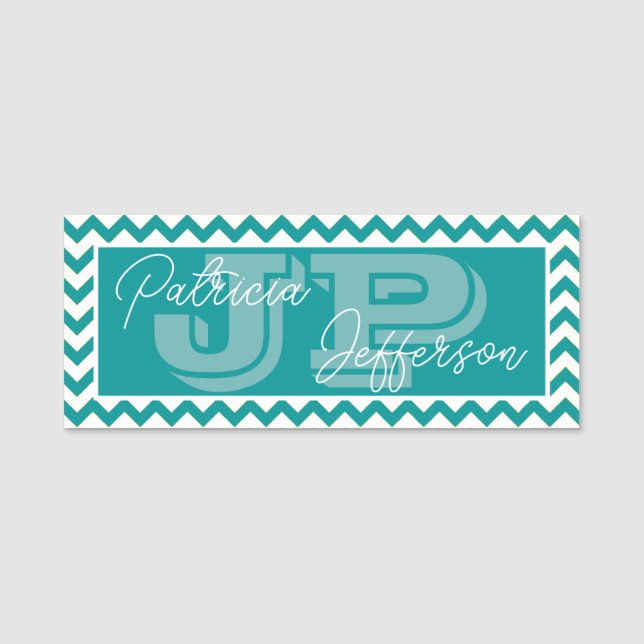 Modern Blue Green Teal Chevron Monogram Name Tag (Front)