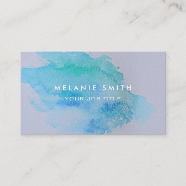 Modern blue green teal watercolor splatter blue business card (Front)