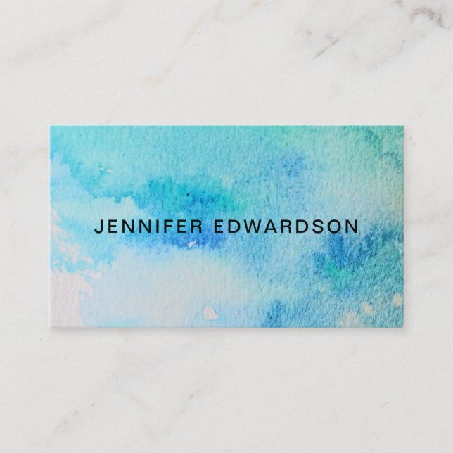 Modern blue green teal watercolor splatter splash business card (Front)