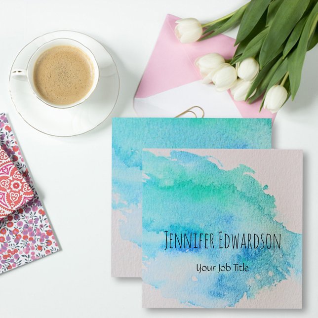 Modern blue green teal watercolor splatter square business card (Modern green teal watercolor splatter professional business card,)