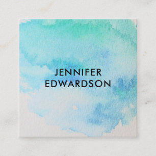 Modern blue green teal watercolor splatter square business card