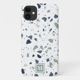 Modern Blue Green Terrazzo Marble Monogram iPhone 11 Case