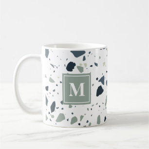 Modern Blue Green Terrazzo Marble Monogram Coffee Mug