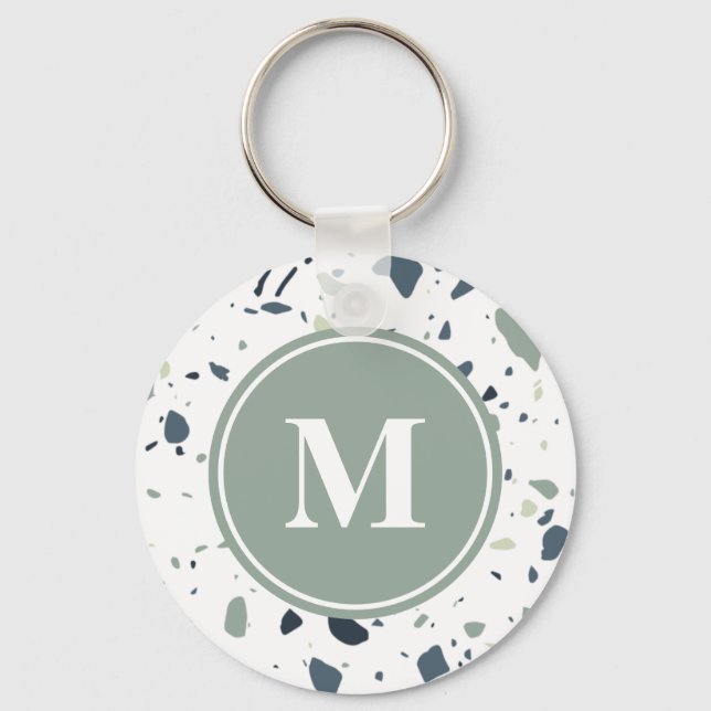 Modern Blue Green Terrazzo Marble Monogram Key Ring (Front)