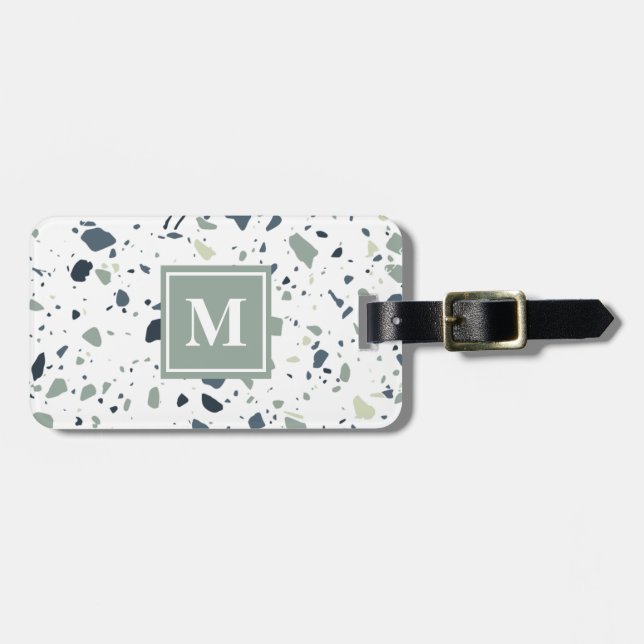 Modern Blue Green Terrazzo Marble Monogram Luggage Tag (Front Horizontal)