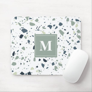 Modern Blue Green Terrazzo Marble Monogram Mouse Mat