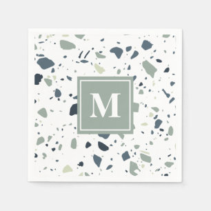 Modern Blue Green Terrazzo Marble Monogram Napkin