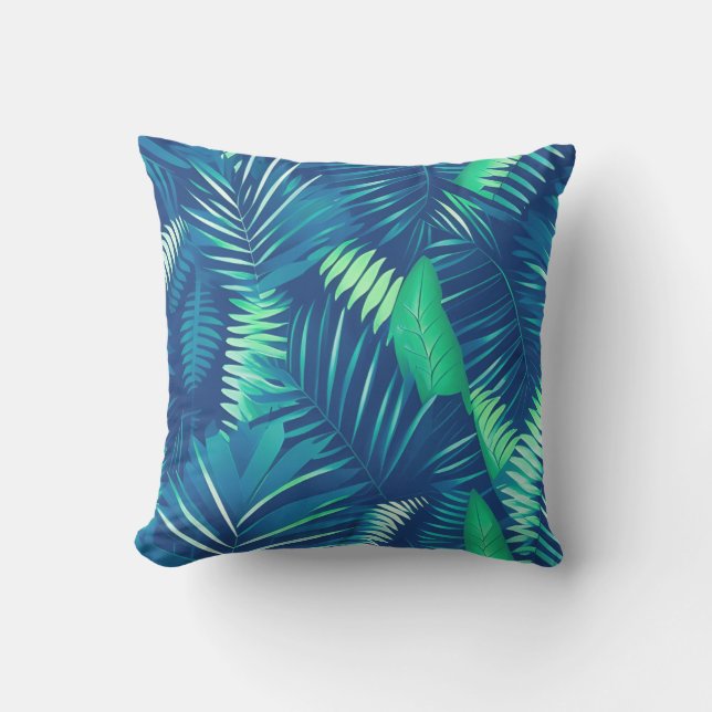 Modern Blue Green Tropical Leaves Pattern Cushion (Front)