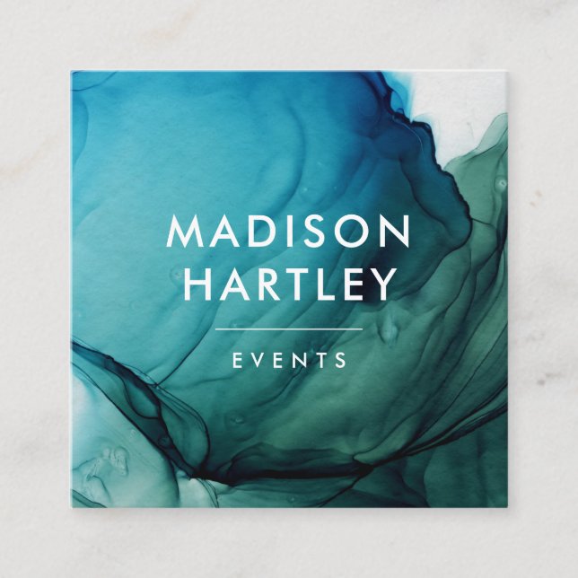 Modern Blue & Green Watercolor Square Business Card (Front)
