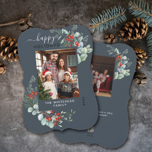 Modern Blue Greenery Botanical Christmas Photo Holiday Card