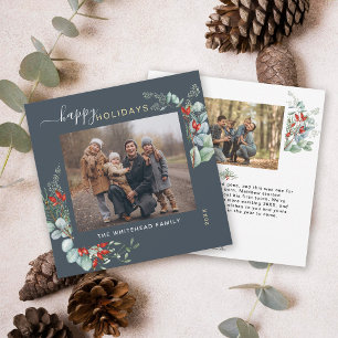Modern Blue Greenery Botanical Christmas Photo Holiday Card