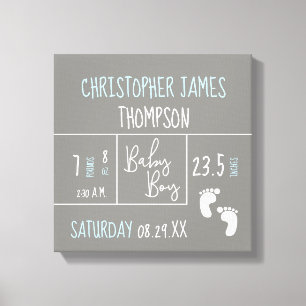 Modern Blue Grey Baby Boy Birth Announcement Canvas Print