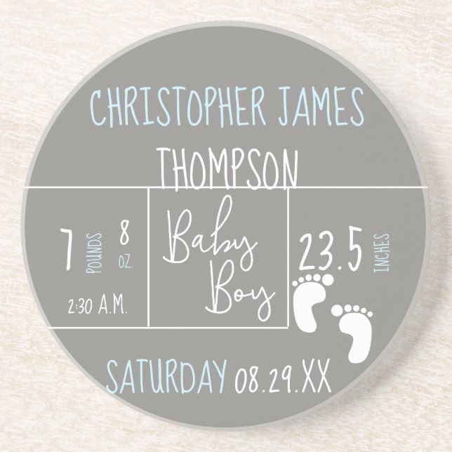 Modern Blue Grey Baby Boy photo Birth Announcement Coaster (Front)
