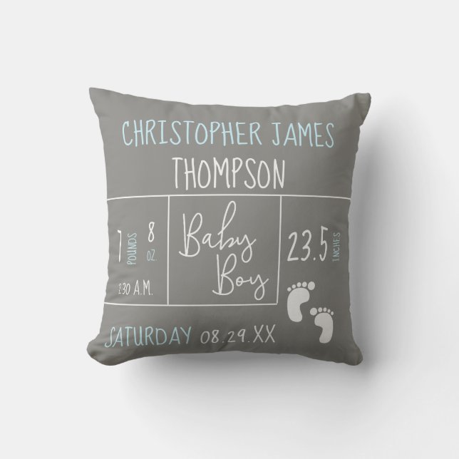 Modern Blue Grey Baby Boy photo Birth Announcement Cushion (Front)
