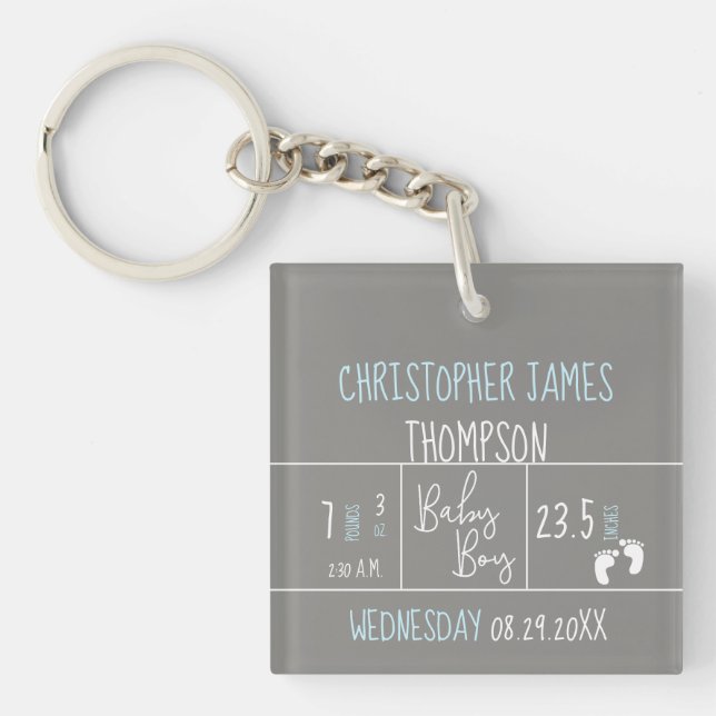 Modern Blue Grey Baby Boy photo Birth Announcement Key Ring (Front)