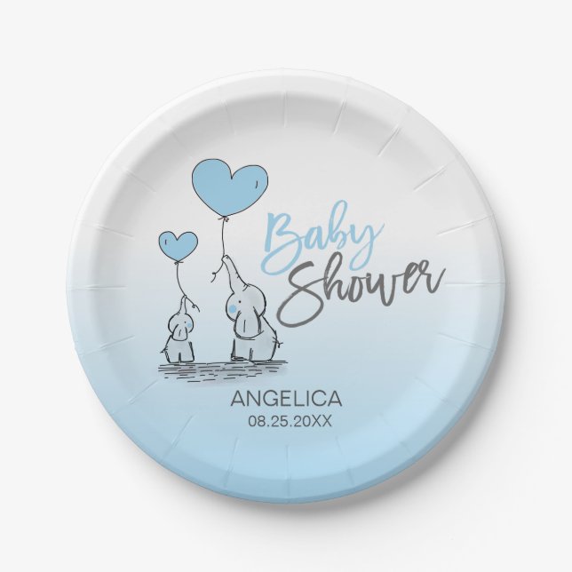 Modern Blue Grey Blue Elephant BOY Baby Shower Paper Plate (Front)