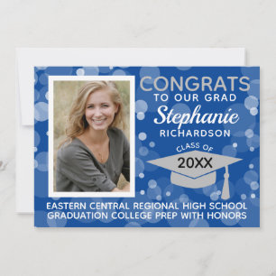 Modern Blue Grey Bokeh Bubbles Photo Graduation Invitation