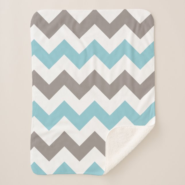 Modern Blue Grey Chevron Pattern Sherpa Blanket (Front)