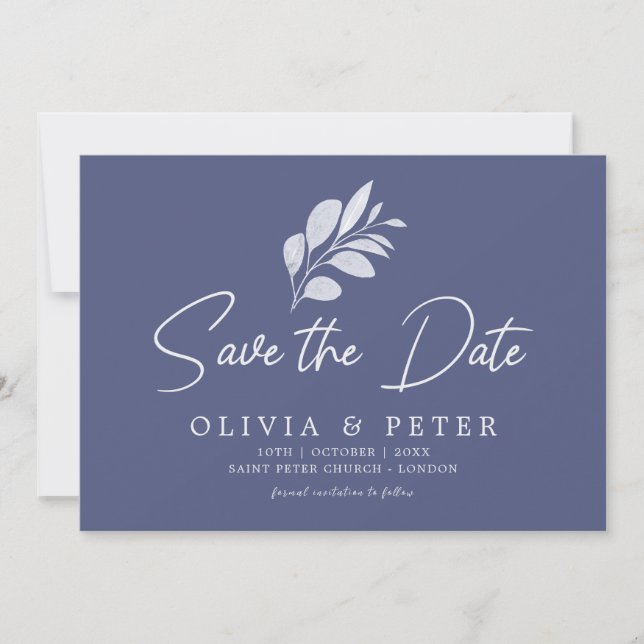Modern Blue Grey Foliage Wedding   Save The Date (Front)