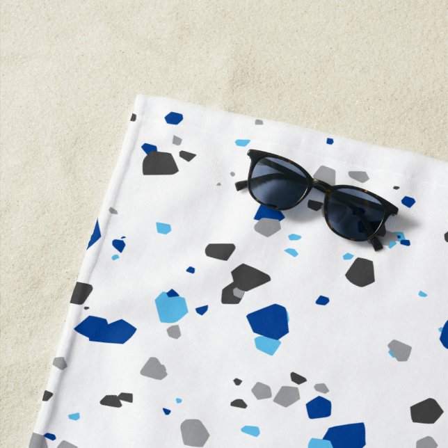 Modern Blue Grey Geometric Terrazzo Pattern Beach Towel (In Situ)