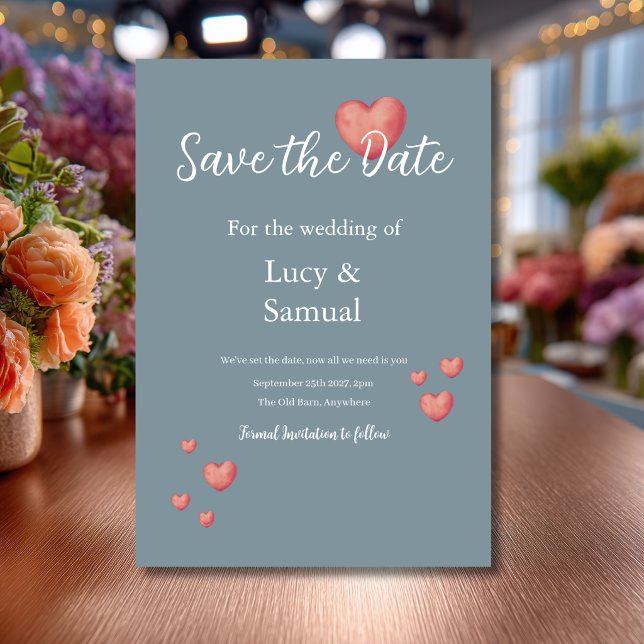 Modern Blue Grey Heart Save The Date Card (Creator Uploaded)
