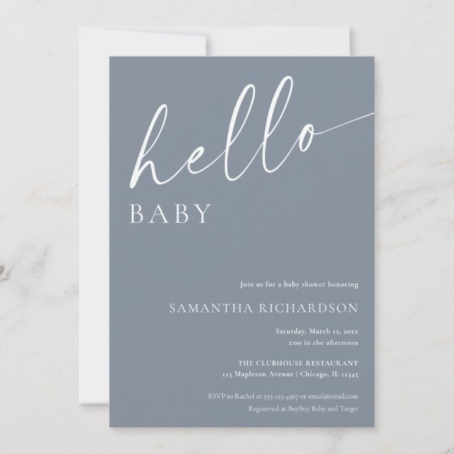 Modern blue grey hello baby boy baby shower invitation (Front)