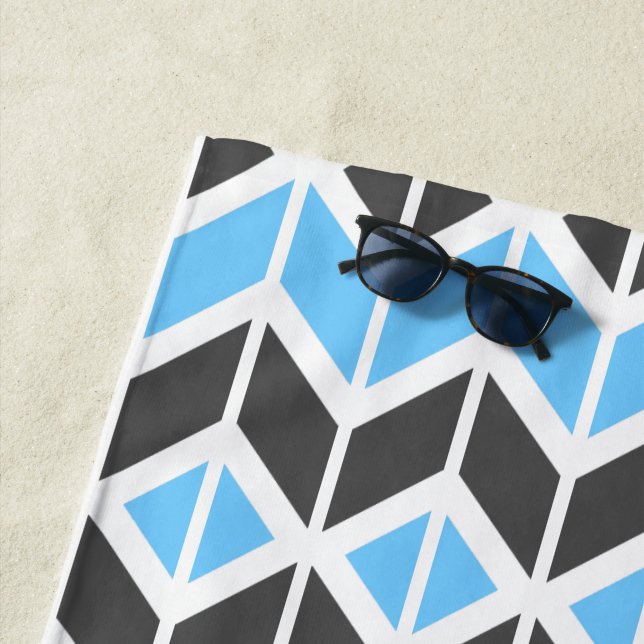 Modern Blue Grey Herringbone Geometric Pattern Beach Towel (In Situ)