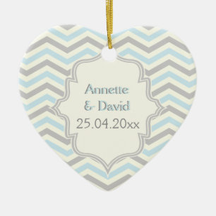 Modern blue, grey, ivory chevron pattern custom ceramic tree decoration