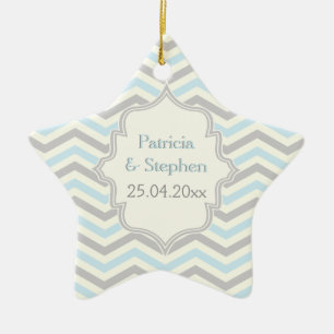 Modern blue, grey, ivory chevron pattern custom ceramic tree decoration