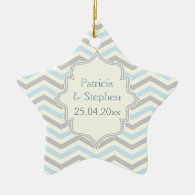 Modern blue, grey, ivory chevron pattern custom ceramic tree decoration (Front)