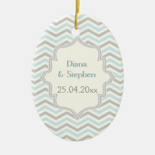 Modern blue, grey, ivory chevron pattern custom ceramic tree decoration