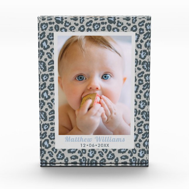 Modern Blue Grey Leopard Print Baby Photo (Front)