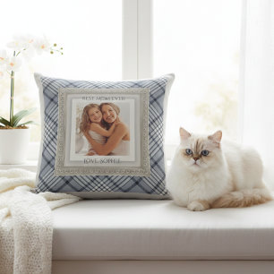 Modern Blue Grey Plaid Best Mum Ever Cushion