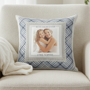 Modern Blue Grey Plaid Best Mum Ever Cushion