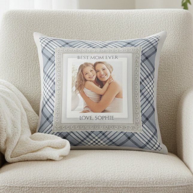 Modern Blue Grey Plaid Best Mum Ever Cushion (Elevate your gifting game with this boutique blue-and-gray plaid keepsake for Mom)